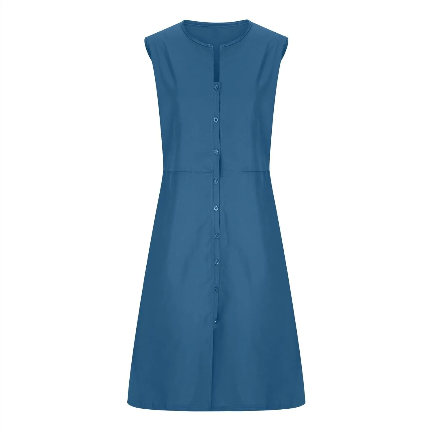 HGps8w Women's Sleeveless Button Down Midi Dress Plus Size Elegant V Neck Solid Color Casual Swing Dresses with Pockets