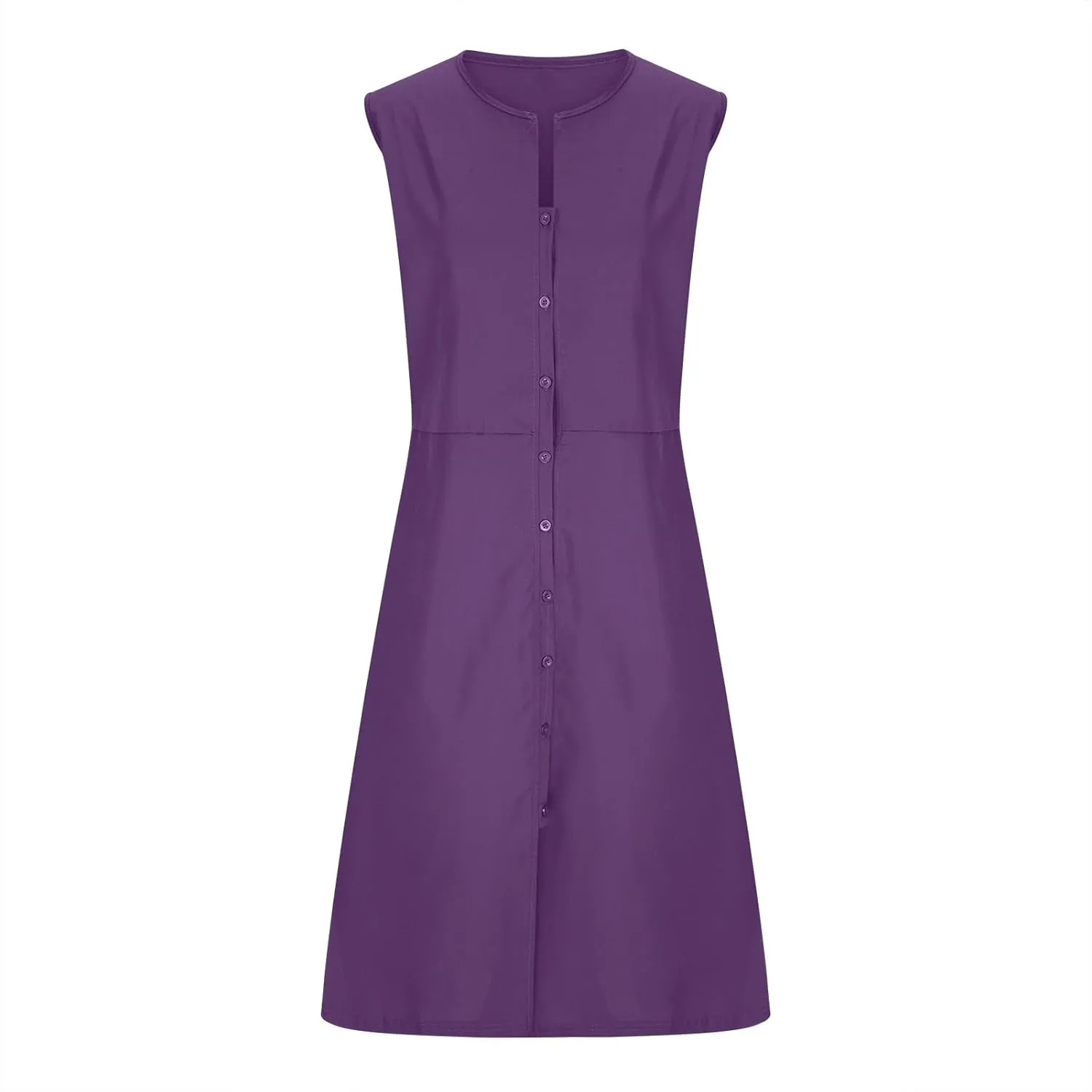 HGps8w Women's Sleeveless Button Down Midi Dress Plus Size Elegant V Neck Solid Color Casual Swing Dresses with Pockets