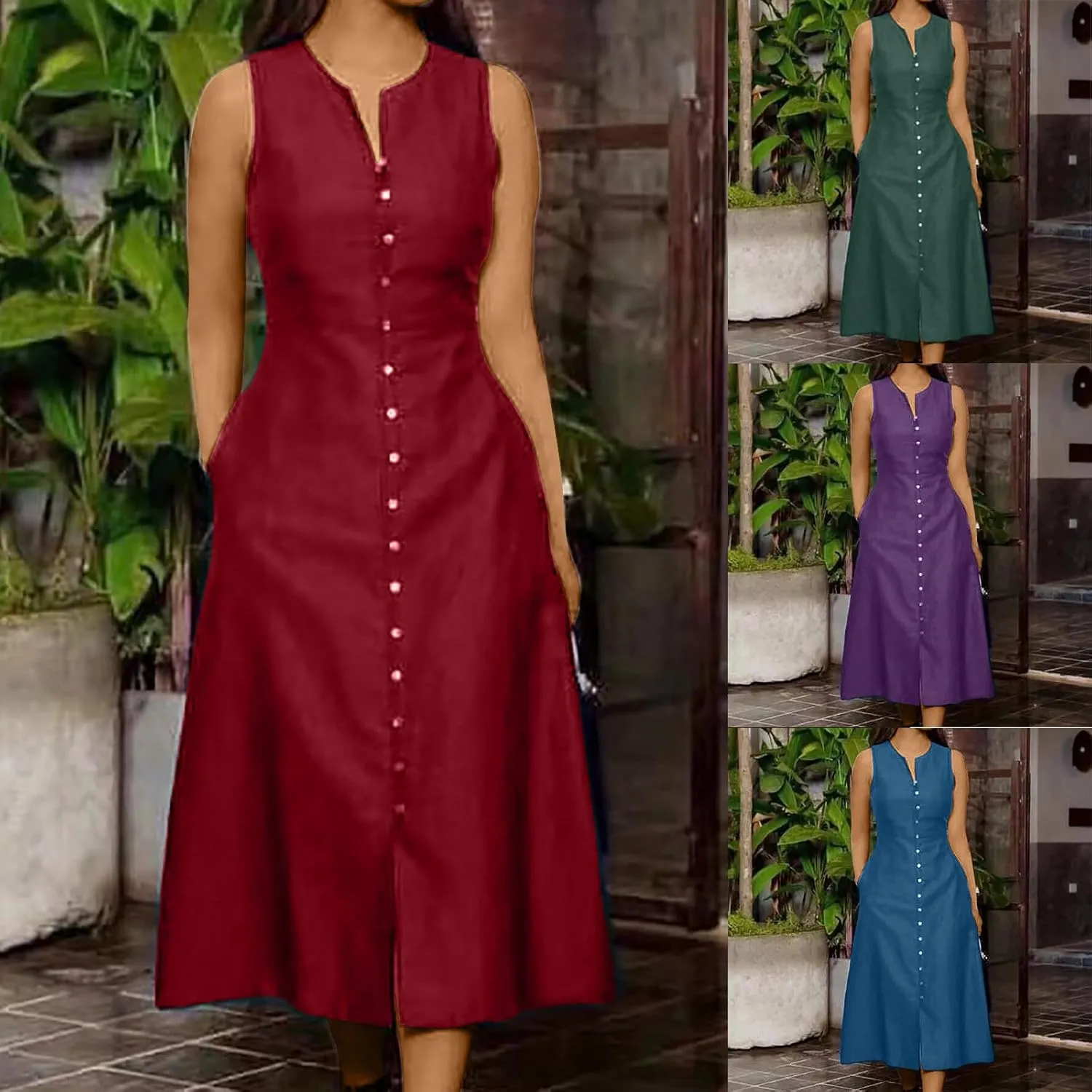 HGps8w Women's Sleeveless Button Down Midi Dress Plus Size Elegant V Neck Solid Color Casual Swing Dresses with Pockets