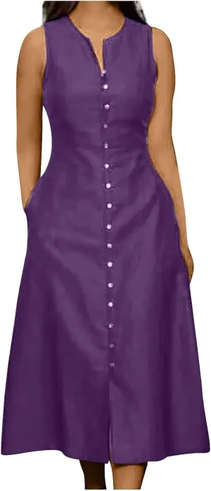 HGps8w Women's Sleeveless Button Down Midi Dress Plus Size Elegant V Neck Solid Color Casual Swing Dresses with Pockets