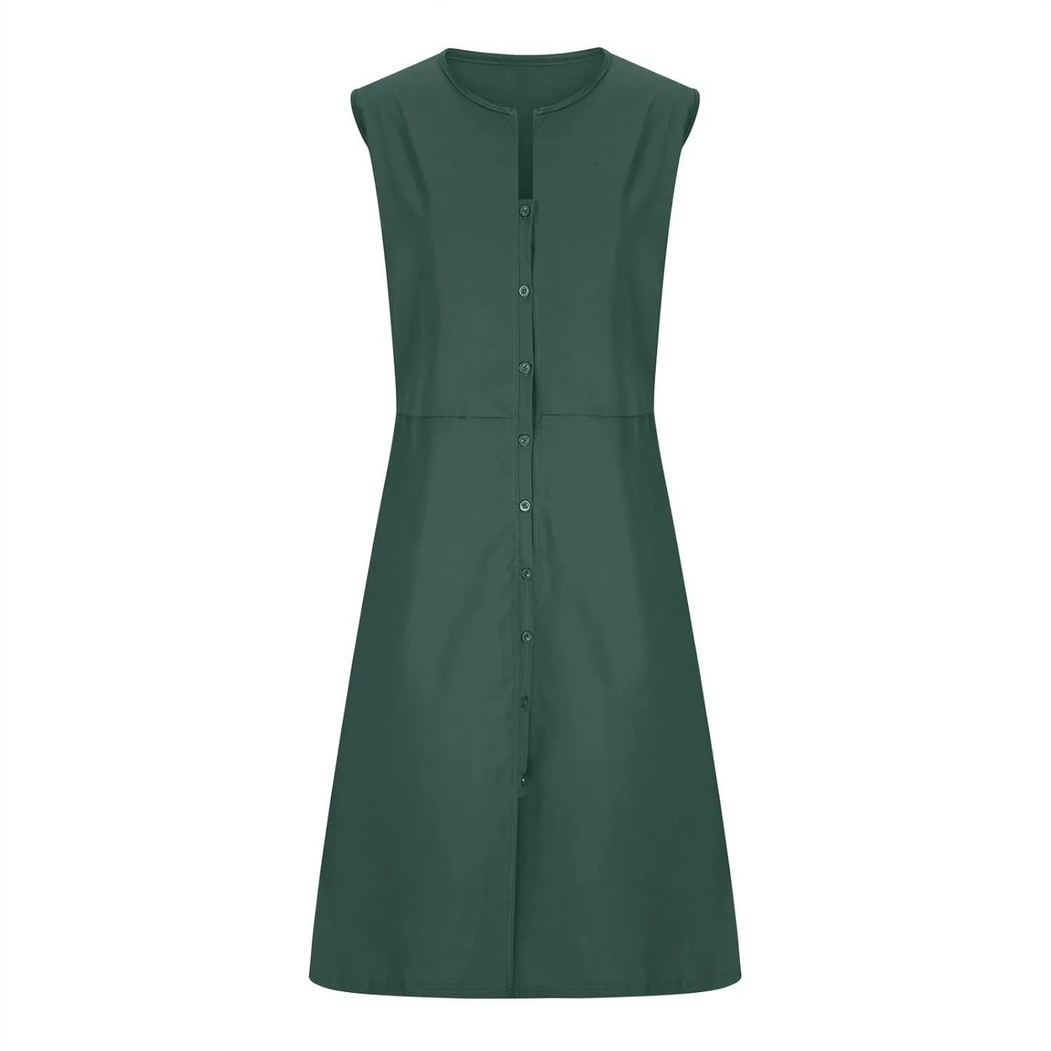 HGps8w Women's Sleeveless Button Down Midi Dress Plus Size Elegant V Neck Solid Color Casual Swing Dresses with Pockets