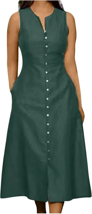 HGps8w Women's Sleeveless Button Down Midi Dress Plus Size Elegant V Neck Solid Color Casual Swing Dresses with Pockets