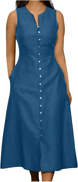 HGps8w Women's Sleeveless Button Down Midi Dress Plus Size Elegant V Neck Solid Color Casual Swing Dresses with Pockets