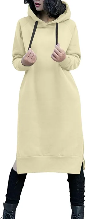 Hoodie Dress for Women Long Sleeve Warmy Oversized Hooded Dress Fleece Solid Color Long Sweatshirt with Pocket