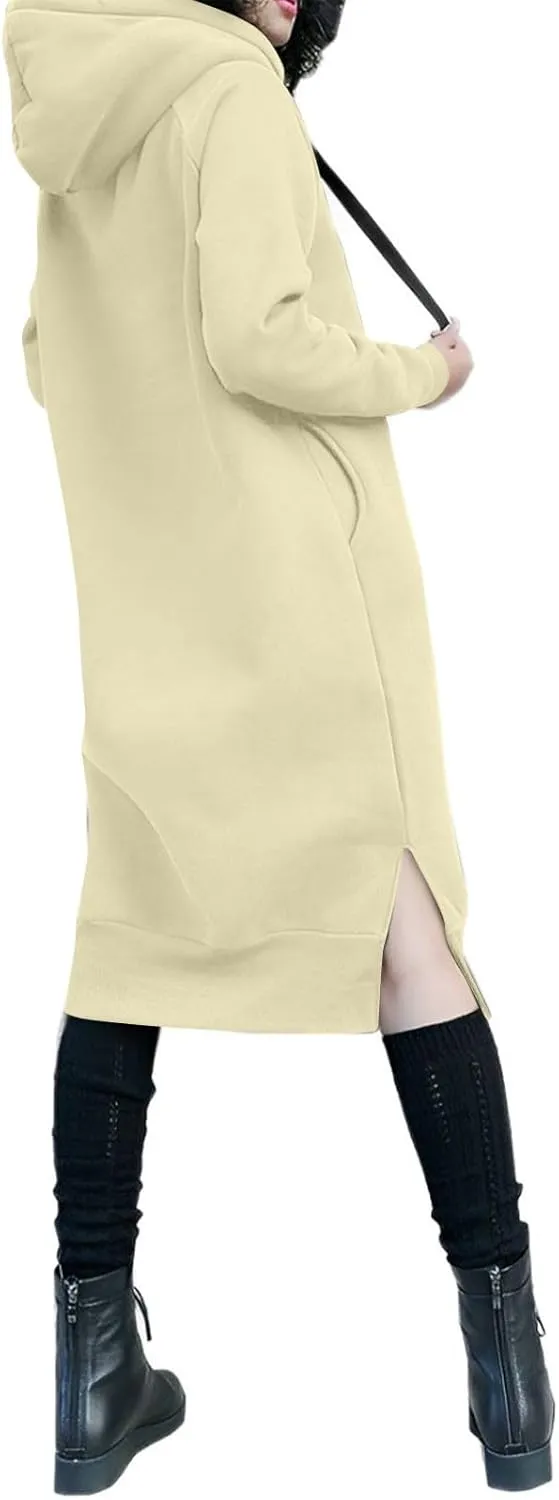 Hoodie Dress for Women Long Sleeve Warmy Oversized Hooded Dress Fleece Solid Color Long Sweatshirt with Pocket