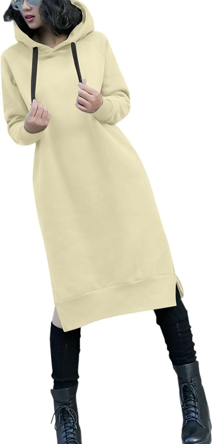 Hoodie Dress for Women Long Sleeve Warmy Oversized Hooded Dress Fleece Solid Color Long Sweatshirt with Pocket