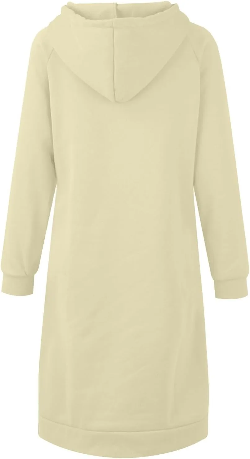 Hoodie Dress for Women Long Sleeve Warmy Oversized Hooded Dress Fleece Solid Color Long Sweatshirt with Pocket