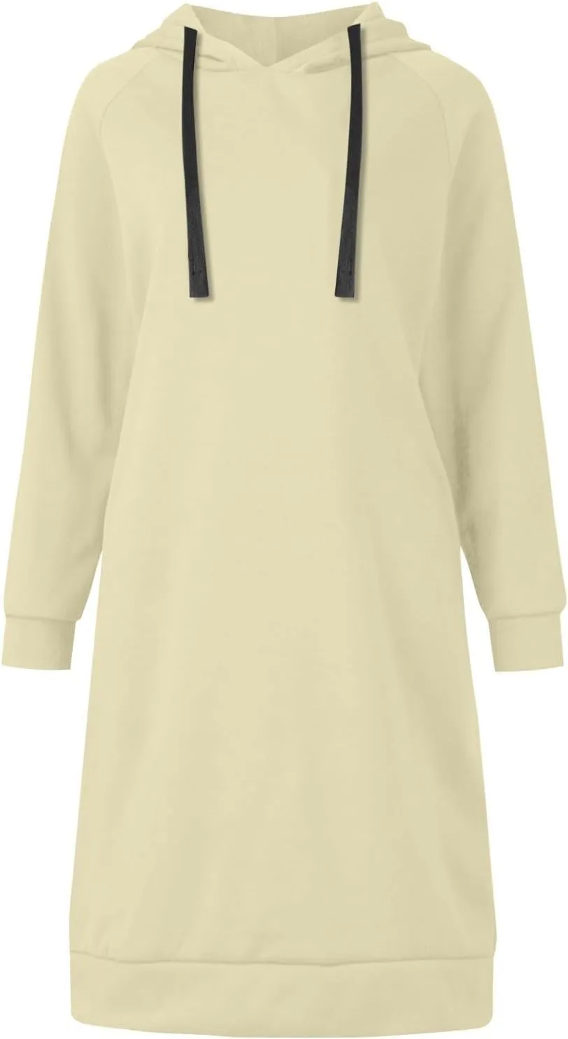 Hoodie Dress for Women Long Sleeve Warmy Oversized Hooded Dress Fleece Solid Color Long Sweatshirt with Pocket
