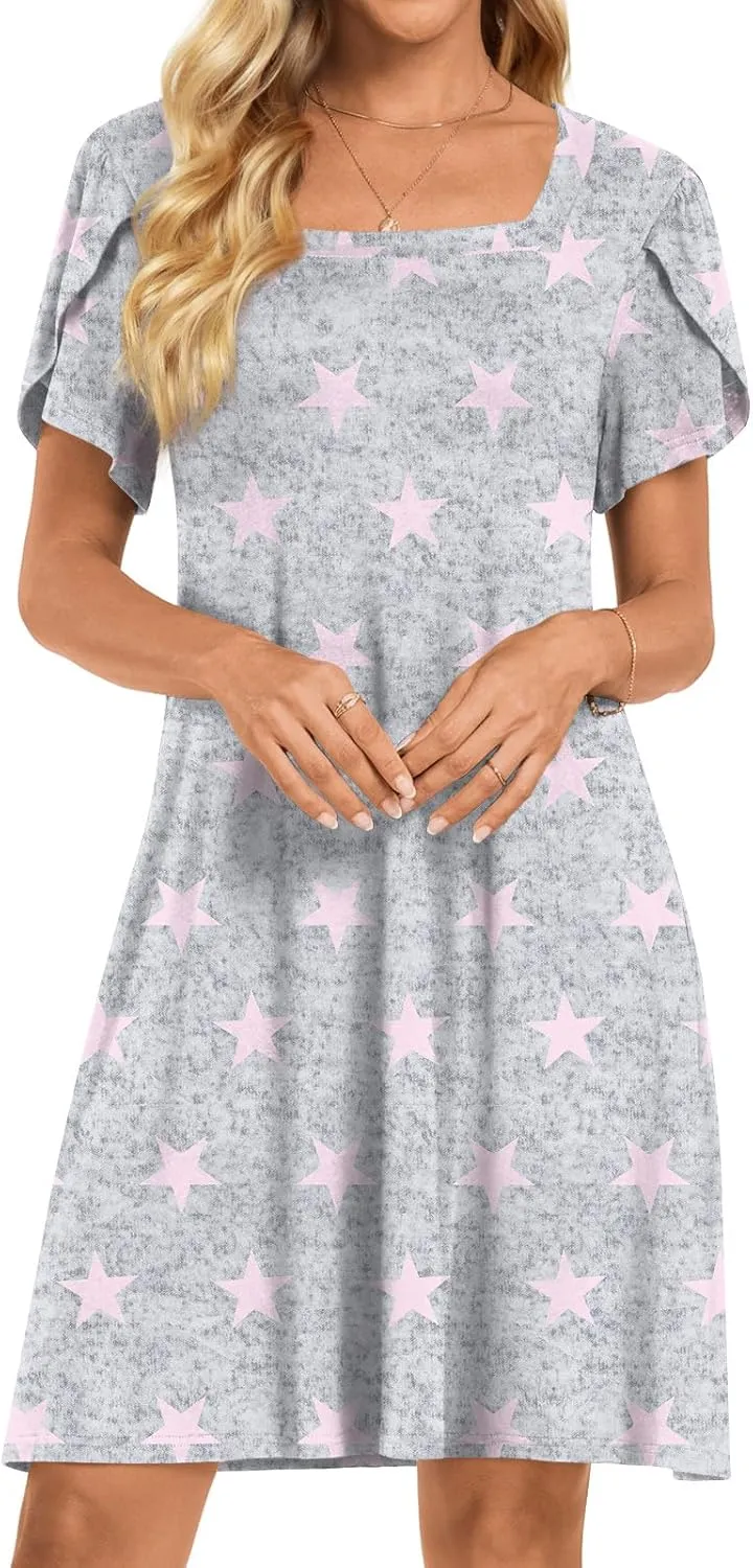 HOTGIFT Womens Summer Casual Dress Short Sleeve Square Neck Dresses Boho Floral Print Loose Beach Sundress