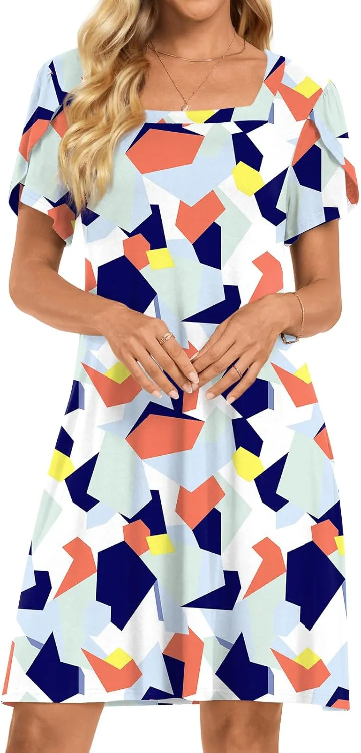 HOTGIFT Womens Summer Casual Dress Short Sleeve Square Neck Dresses Boho Floral Print Loose Beach Sundress