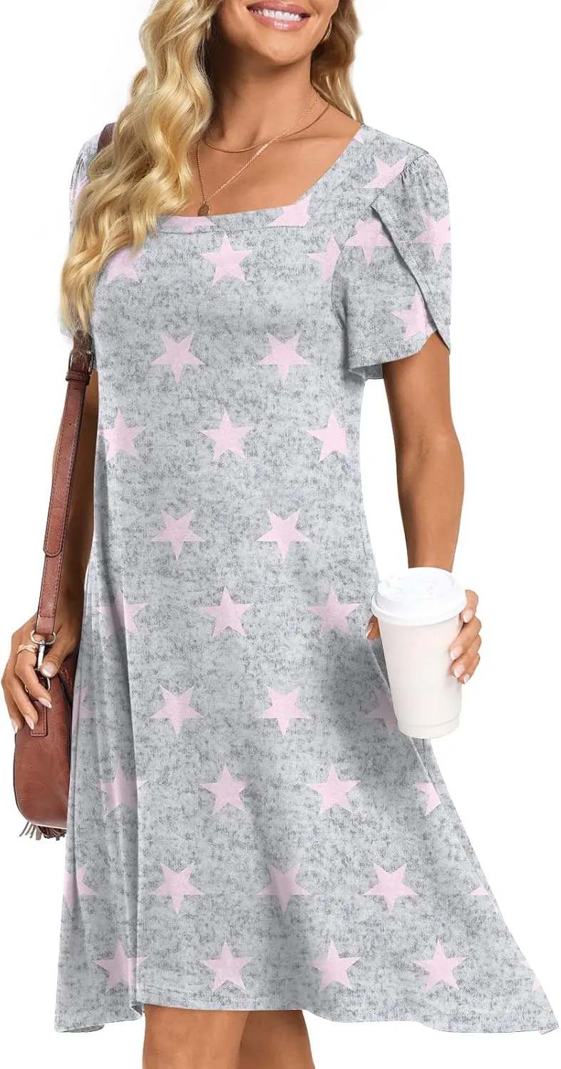 HOTGIFT Womens Summer Casual Dress Short Sleeve Square Neck Dresses Boho Floral Print Loose Beach Sundress