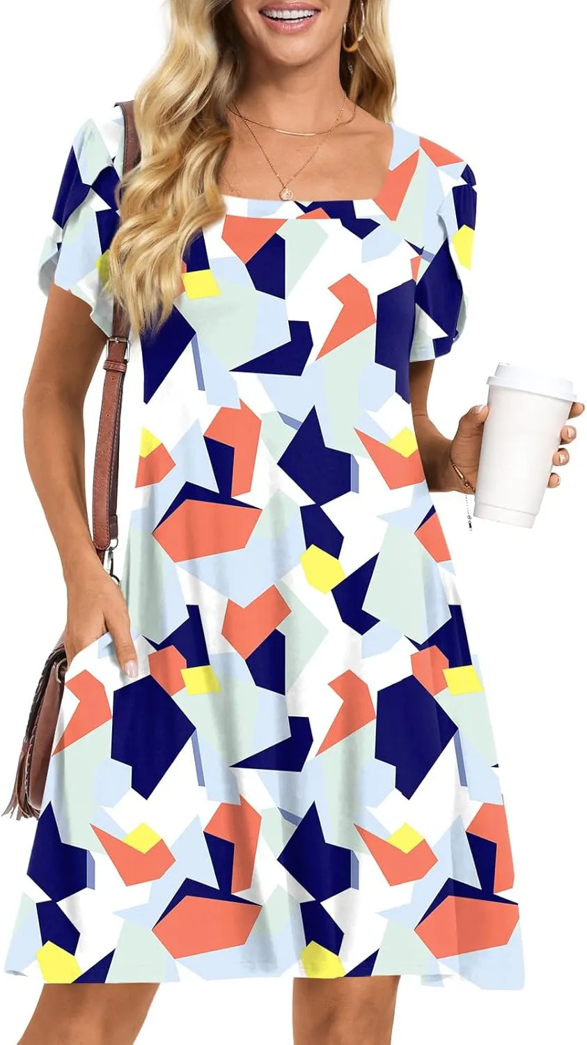HOTGIFT Womens Summer Casual Dress Short Sleeve Square Neck Dresses Boho Floral Print Loose Beach Sundress