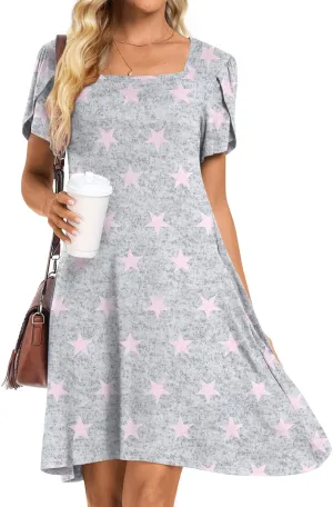 HOTGIFT Womens Summer Casual Dress Short Sleeve Square Neck Dresses Boho Floral Print Loose Beach Sundress