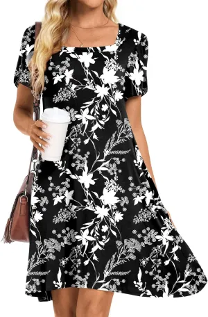 HOTGIFT Womens Summer Casual Dress Short Sleeve Square Neck Dresses Boho Floral Print Loose Beach Sundress