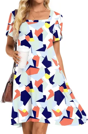 HOTGIFT Womens Summer Casual Dress Short Sleeve Square Neck Dresses Boho Floral Print Loose Beach Sundress