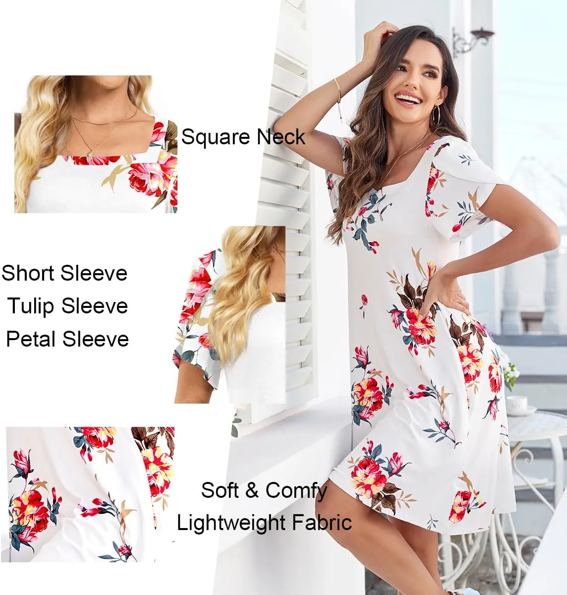 HOTGIFT Womens Summer Casual Dress Short Sleeve Square Neck Dresses Boho Floral Print Loose Beach Sundress
