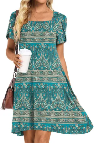 HOTGIFT Womens Summer Casual Dress Short Sleeve Square Neck Dresses Boho Floral Print Loose Beach Sundress