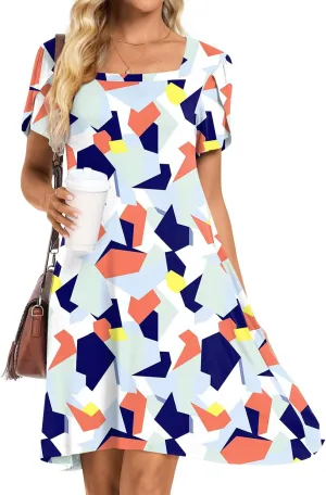 HOTGIFT Womens Summer Casual Dress Short Sleeve Square Neck Dresses Boho Floral Print Loose Beach Sundress