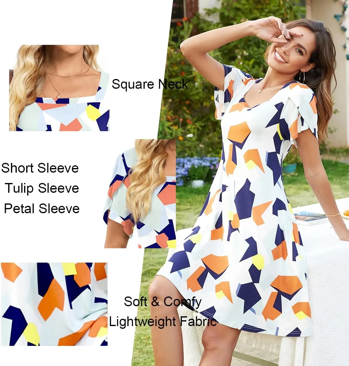 HOTGIFT Womens Summer Casual Dress Short Sleeve Square Neck Dresses Boho Floral Print Loose Beach Sundress