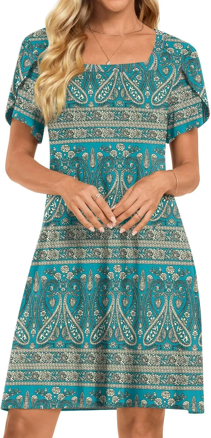 HOTGIFT Womens Summer Casual Dress Short Sleeve Square Neck Dresses Boho Floral Print Loose Beach Sundress