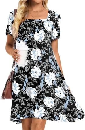HOTGIFT Womens Summer Casual Dress Short Sleeve Square Neck Dresses Boho Floral Print Loose Beach Sundress