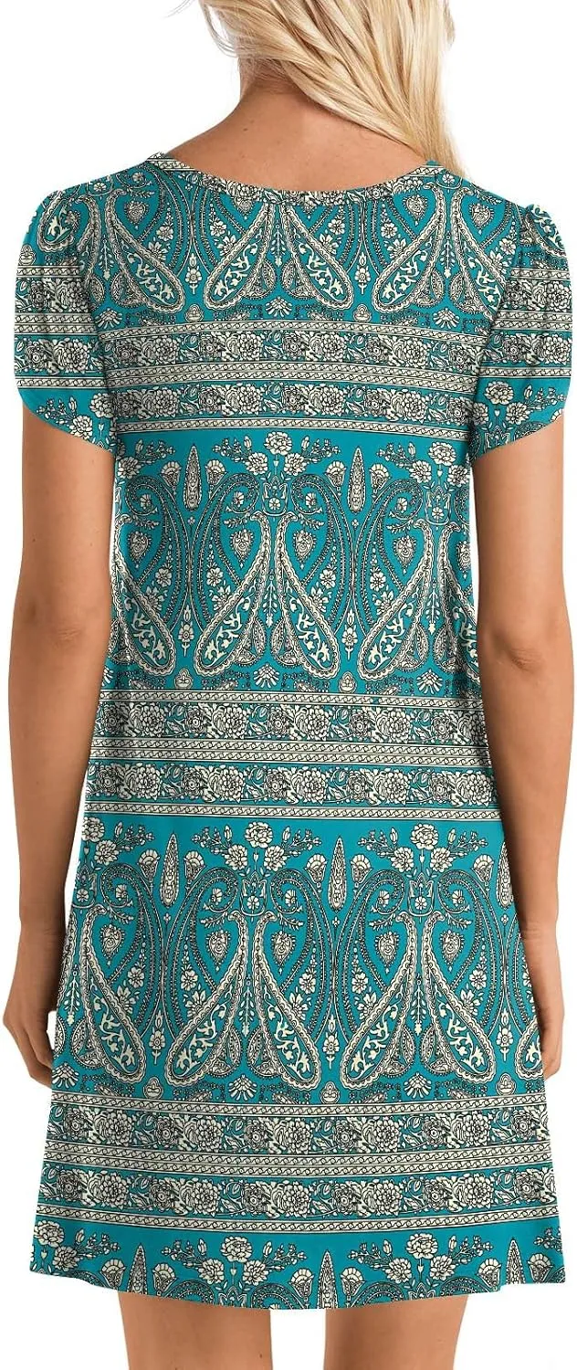 HOTGIFT Womens Summer Casual Dress Short Sleeve Square Neck Dresses Boho Floral Print Loose Beach Sundress