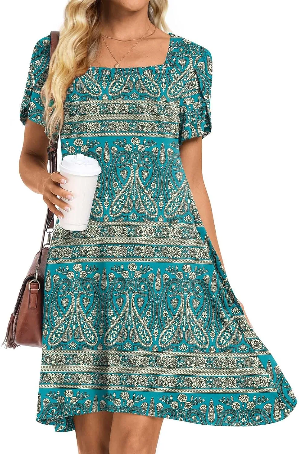 HOTGIFT Womens Summer Casual Dress Short Sleeve Square Neck Dresses Boho Floral Print Loose Beach Sundress