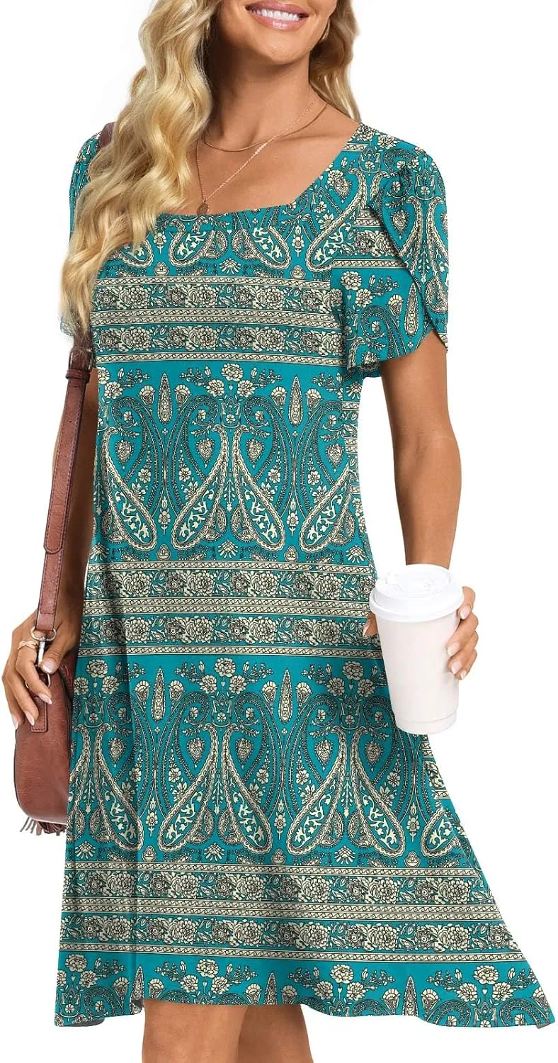 HOTGIFT Womens Summer Casual Dress Short Sleeve Square Neck Dresses Boho Floral Print Loose Beach Sundress