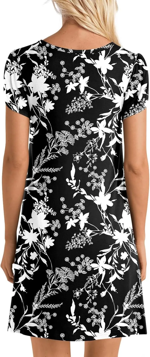 HOTGIFT Womens Summer Casual Dress Short Sleeve Square Neck Dresses Boho Floral Print Loose Beach Sundress