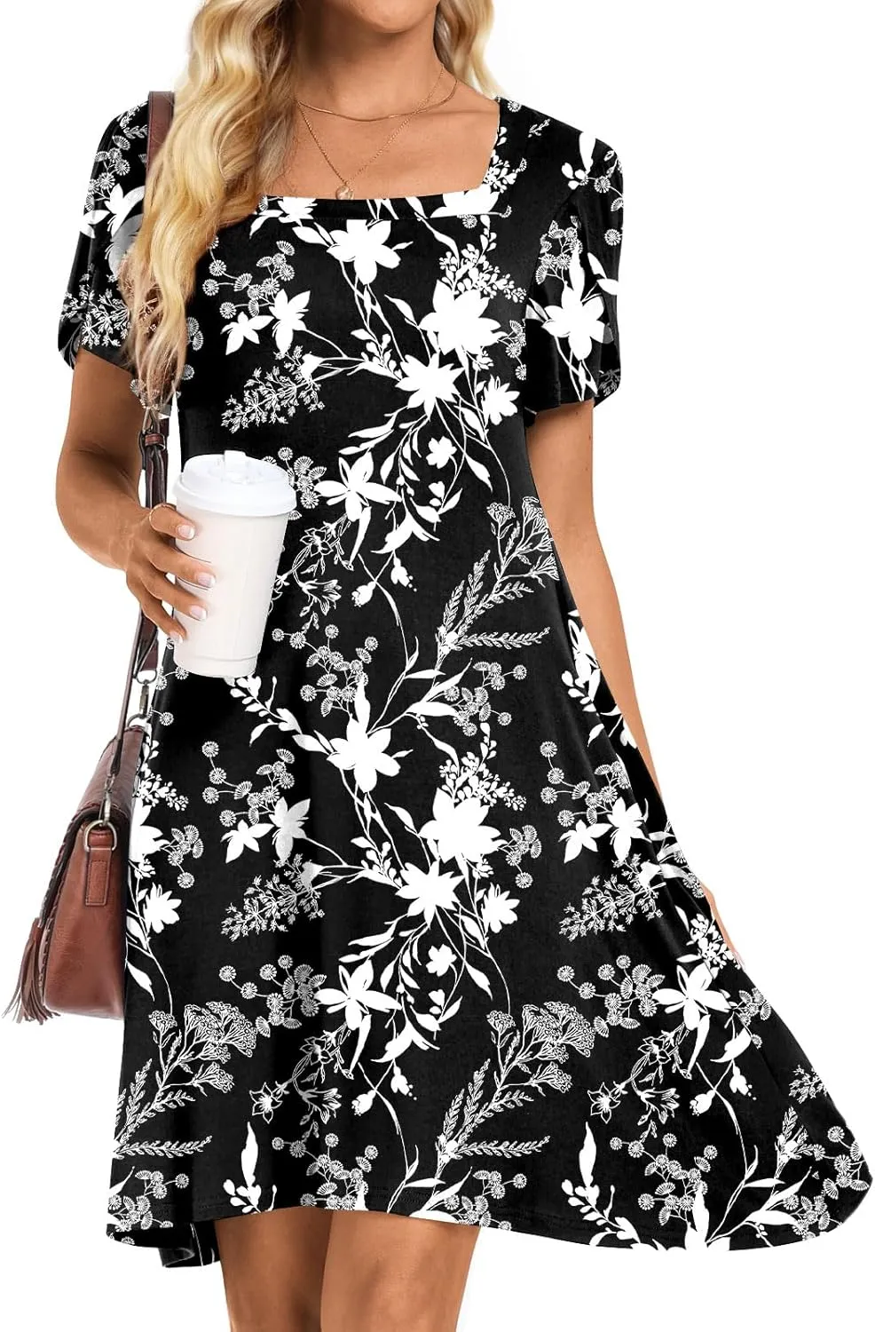 HOTGIFT Womens Summer Casual Dress Short Sleeve Square Neck Dresses Boho Floral Print Loose Beach Sundress