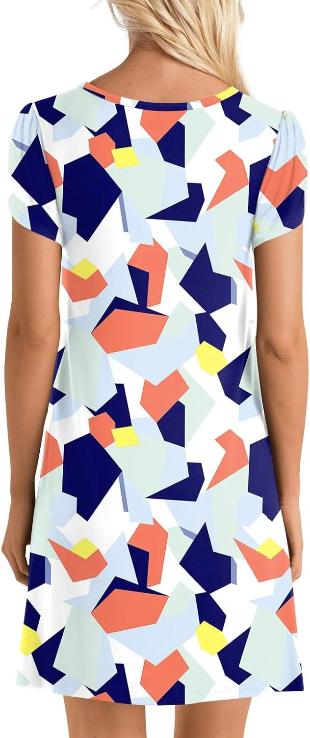 HOTGIFT Womens Summer Casual Dress Short Sleeve Square Neck Dresses Boho Floral Print Loose Beach Sundress