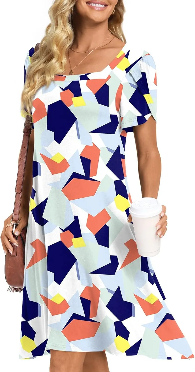 HOTGIFT Womens Summer Casual Dress Short Sleeve Square Neck Dresses Boho Floral Print Loose Beach Sundress
