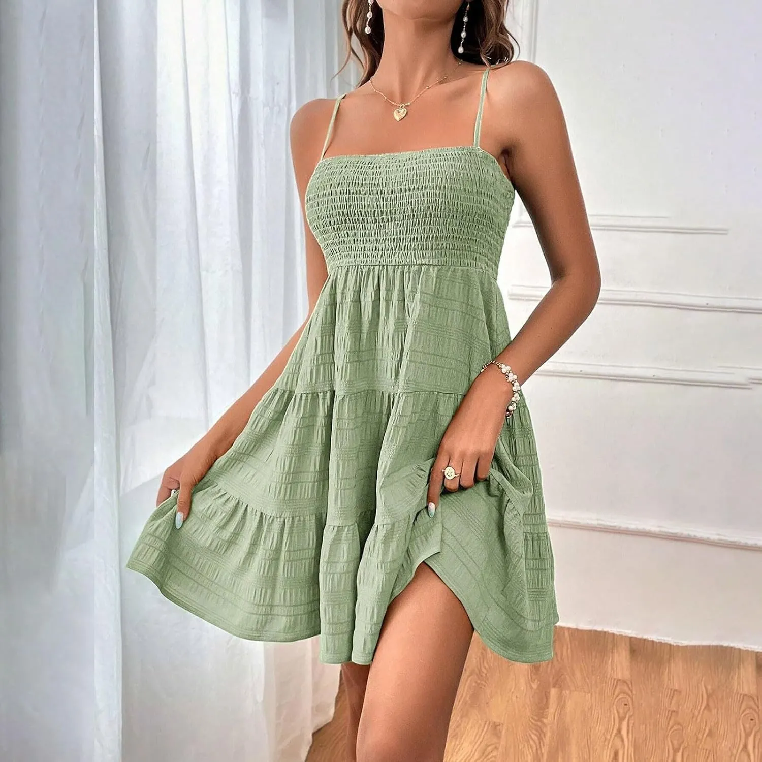Hvyesh Womens Summer Dresses Casual Sleeveless Spaghetti Strap Square Neck Backless Tiered Ruffle A Line Mini Beach Dress