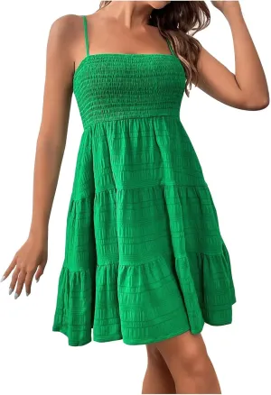 Hvyesh Womens Summer Dresses Casual Sleeveless Spaghetti Strap Square Neck Backless Tiered Ruffle A Line Mini Beach Dress