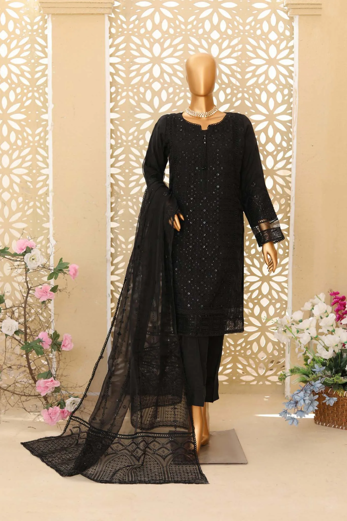 Hz Stitched 3 Piece Emb Organza Collection'2023-HZK-109-Black