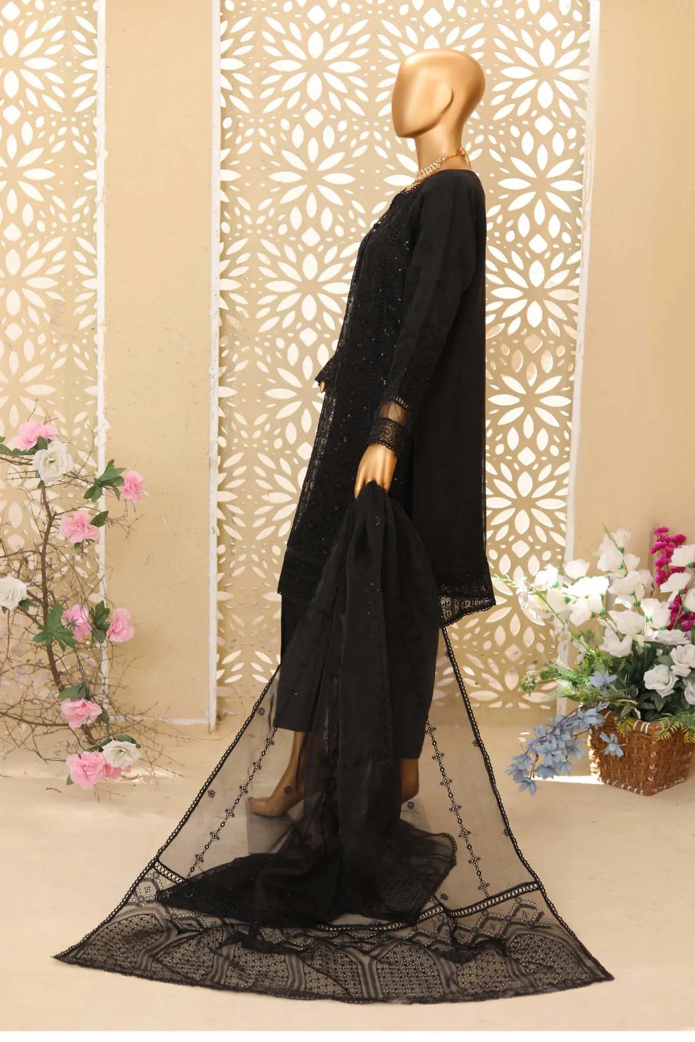 Hz Stitched 3 Piece Emb Organza Collection'2023-HZK-109-Black
