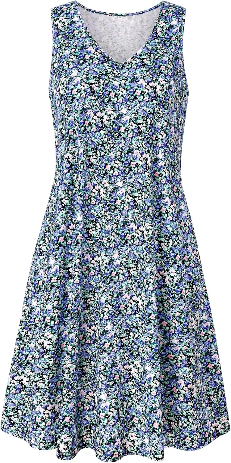 Ivicoer Women's Summer Beach Dresses V-Neck Floral Printed Tank Swing Dress Plus Size with Pocket(L-5XL)