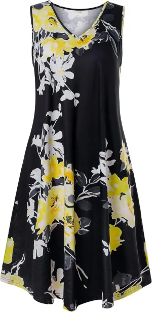 Ivicoer Women's Summer Beach Dresses V-Neck Floral Printed Tank Swing Dress Plus Size with Pocket(L-5XL)