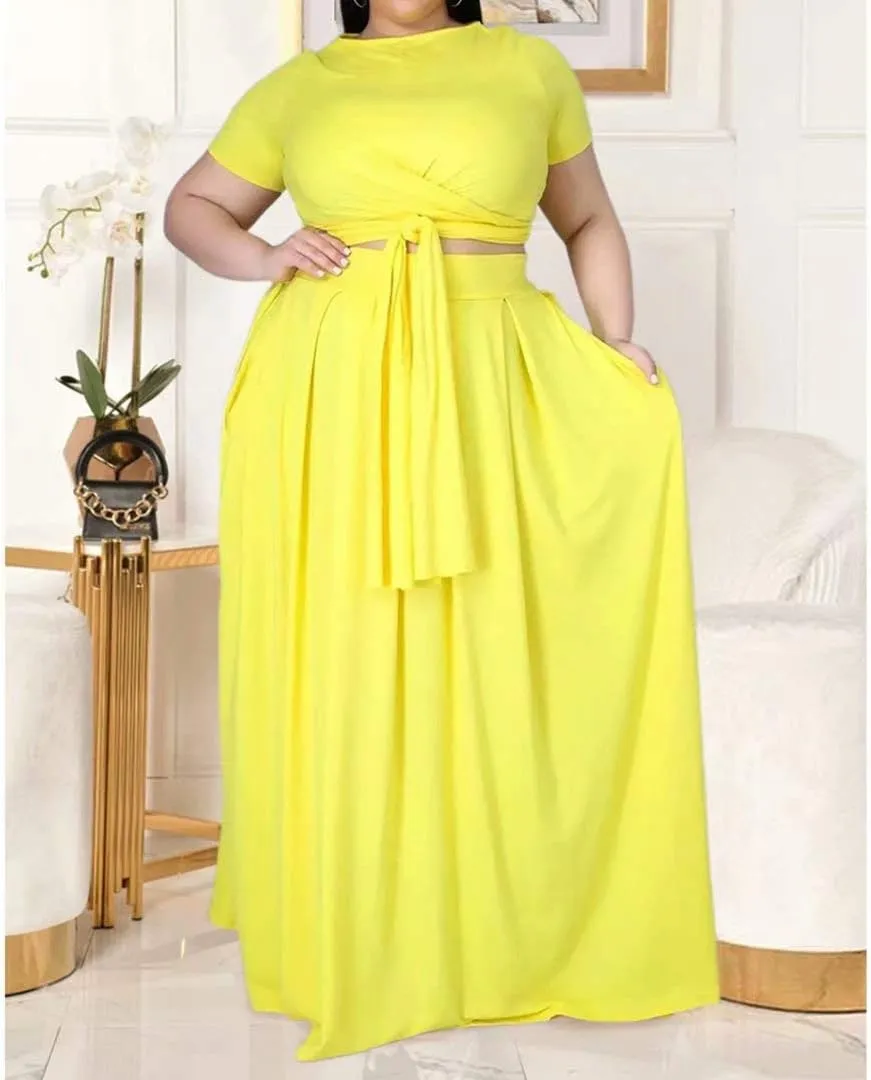 IyMoo Womens Plus Size 2 Piece Dress Outfits Short Sleeve Bandage Wrap Empire Crop Tops and Skirt Sets