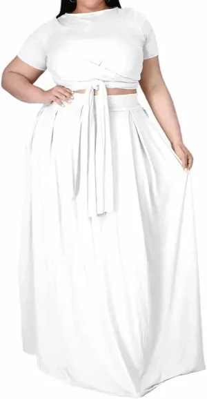 IyMoo Womens Plus Size 2 Piece Dress Outfits Short Sleeve Bandage Wrap Empire Crop Tops and Skirt Sets