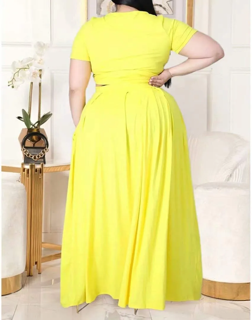 IyMoo Womens Plus Size 2 Piece Dress Outfits Short Sleeve Bandage Wrap Empire Crop Tops and Skirt Sets