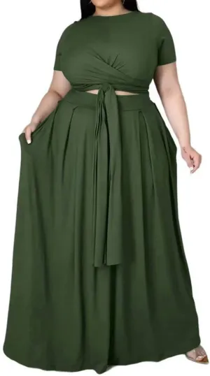 IyMoo Womens Plus Size 2 Piece Dress Outfits Short Sleeve Bandage Wrap Empire Crop Tops and Skirt Sets