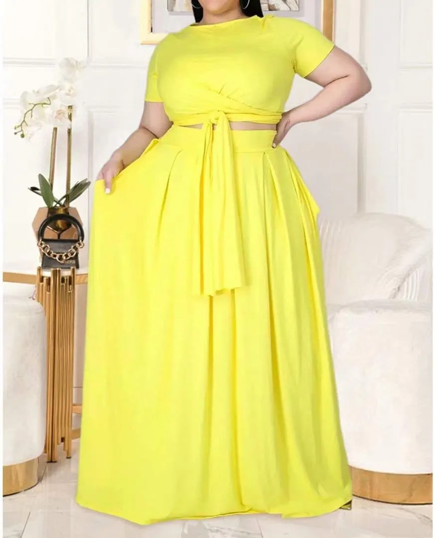 IyMoo Womens Plus Size 2 Piece Dress Outfits Short Sleeve Bandage Wrap Empire Crop Tops and Skirt Sets
