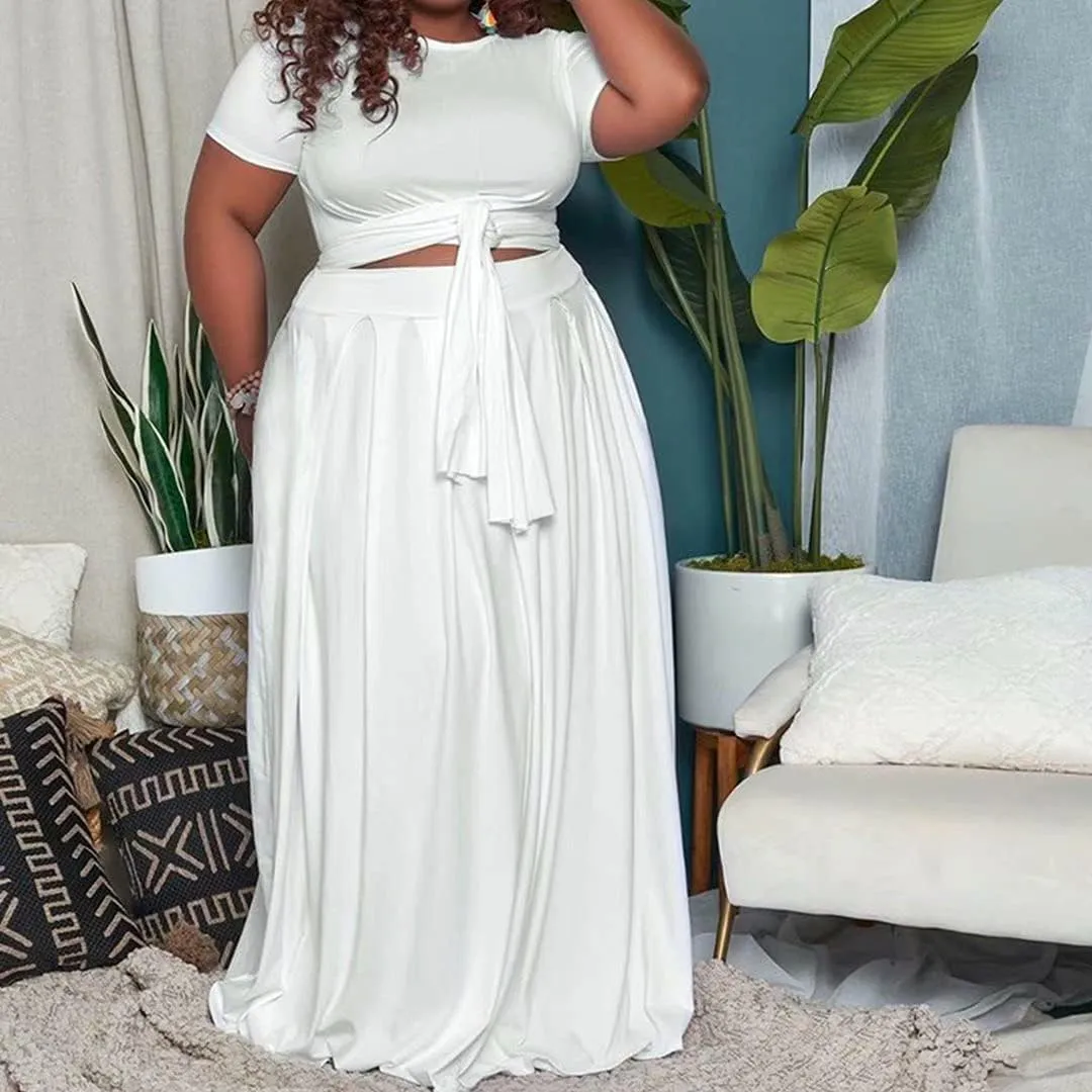 IyMoo Womens Plus Size 2 Piece Dress Outfits Short Sleeve Bandage Wrap Empire Crop Tops and Skirt Sets