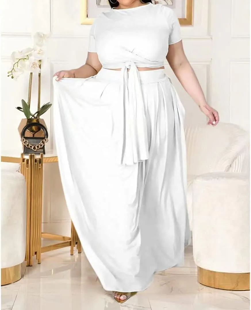 IyMoo Womens Plus Size 2 Piece Dress Outfits Short Sleeve Bandage Wrap Empire Crop Tops and Skirt Sets