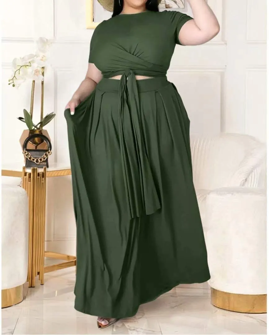 IyMoo Womens Plus Size 2 Piece Dress Outfits Short Sleeve Bandage Wrap Empire Crop Tops and Skirt Sets