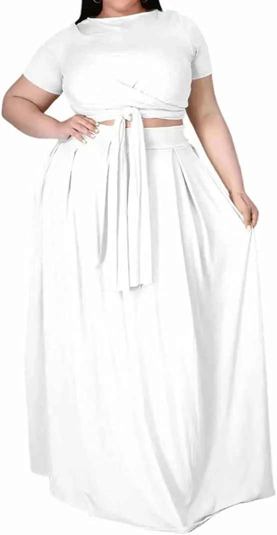 IyMoo Womens Plus Size 2 Piece Dress Outfits Short Sleeve Bandage Wrap Empire Crop Tops and Skirt Sets