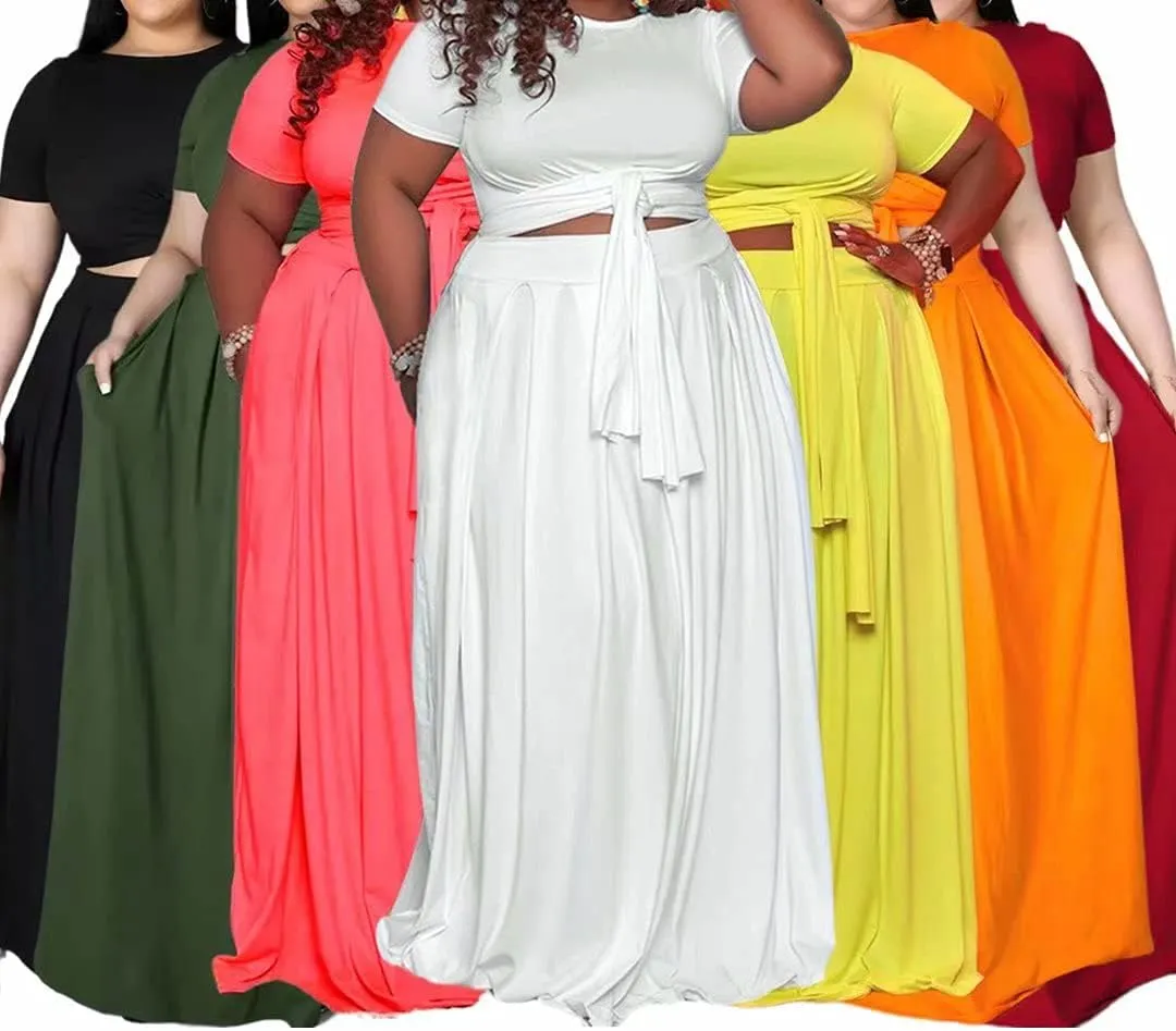 IyMoo Womens Plus Size 2 Piece Dress Outfits Short Sleeve Bandage Wrap Empire Crop Tops and Skirt Sets