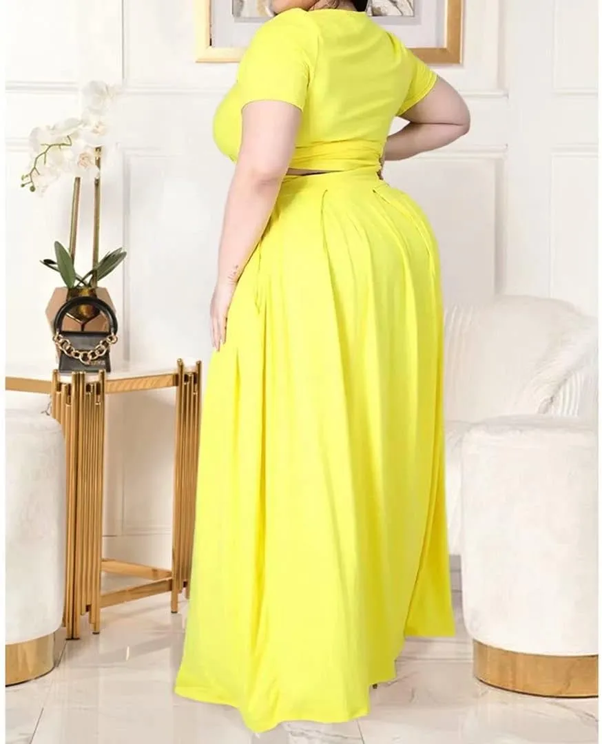 IyMoo Womens Plus Size 2 Piece Dress Outfits Short Sleeve Bandage Wrap Empire Crop Tops and Skirt Sets