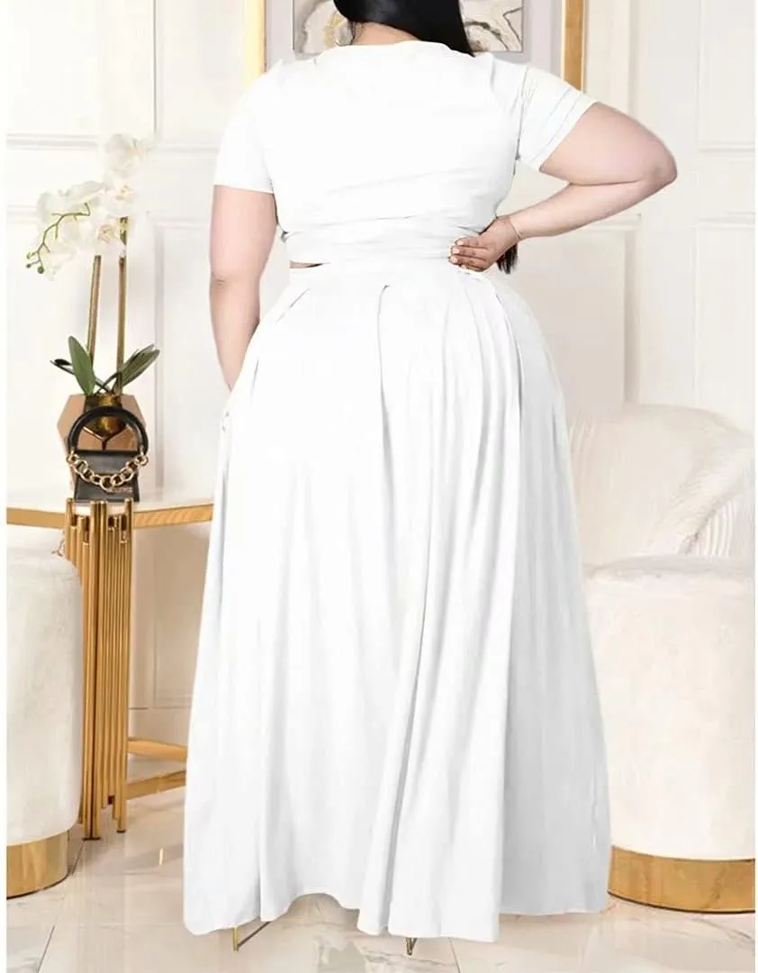 IyMoo Womens Plus Size 2 Piece Dress Outfits Short Sleeve Bandage Wrap Empire Crop Tops and Skirt Sets